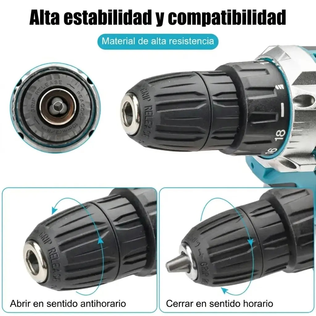 TALADRO INALÁMBRICO con PERCUTOR + 24 ACCESORIOS + 2 BATERIAS 48V